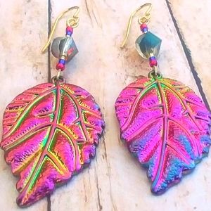 PNK/PRP RNBW Leaf Earrings